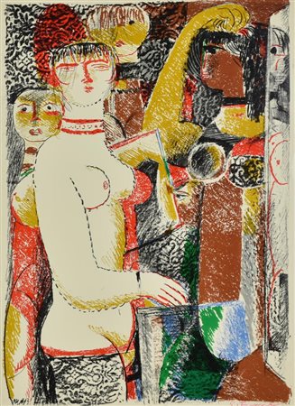 Salvatore Fiume FANCIULLE litografia su carta applicata su carta, cm...