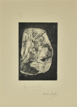 Giannetto Fieschi AMPLESSO ANGELICO incisione su carta, cm 65,5x48 (lastra cm...