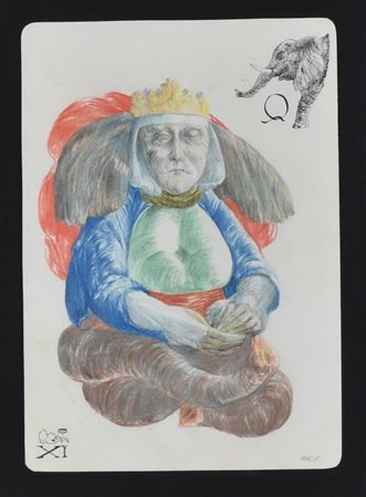 Abacuc LA REGINA DI ELEFANTI NORDICI pastelli su carta, cm 28x19 sul fronte:...