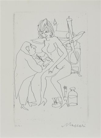 Mino Maccari IL PITTORE E LA MODELLA incisione su carta, cm 21x15,5 (lastra...