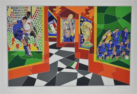 Ugo Nespolo IL CALCIO serigrafia e collage su carta, cm 57,5x88 esemplare 45...