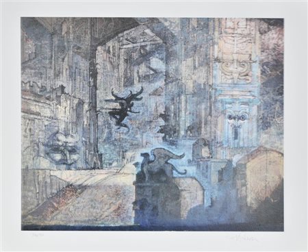 Raffaele De Rosa LA CITTA' IMMAGINARIA litografia su carta, cm 50x60...