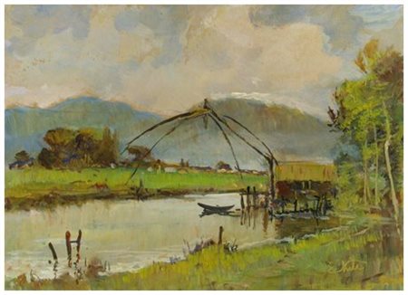 ENRICO NUTI (Pisa 1902 – 1978) Retone su Fiume Morto Olio su cartoncino 15,7...
