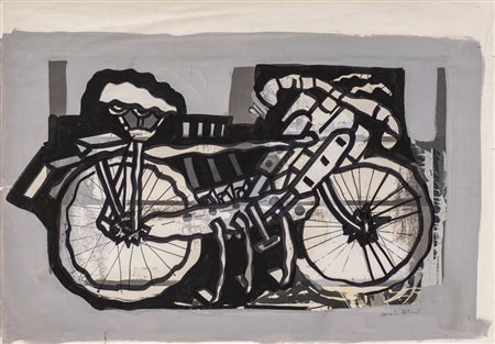 Renato Volpini BICICLETTA tecnica mista su carta, cm 70x100 firmato