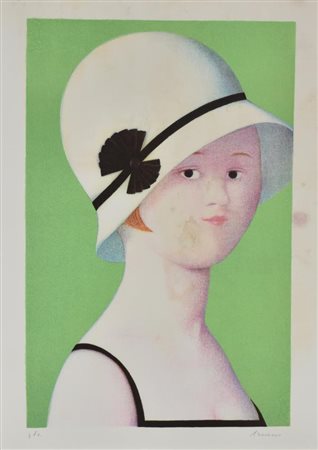 Antonio Bueno RAGAZZA CON CAPPELLO A CLOCHE litografia su carta, cm 70x50...