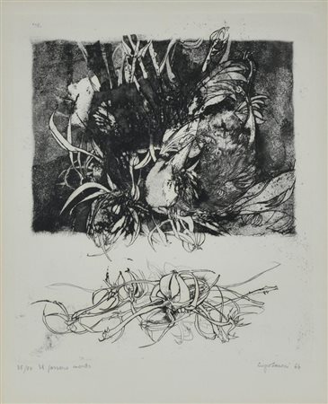 Sergio Saroni IL PASSERO MORTO acquaforte su carta, cm 54x44 (lastra cm...