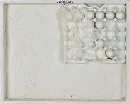 Ignoto PORTA UOVA tecnica mista, collage e applicazione su tavola, cm 54x64x6...