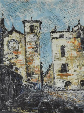 Roberto Balducci MONCALIERI, LA PIAZZA olio su tela, cm 40x30 sul fronte:...