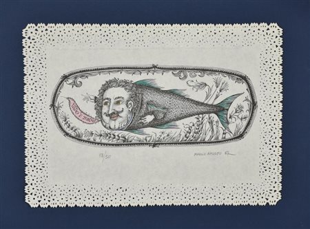 Manlio Amodeo VADO E TONNO litografia colorata a mano su carta, cm 25x35...