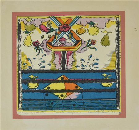 Carlo Hollesch TAVOLA MAGICA litografia su carta, cm 21x22 esemplare prova...