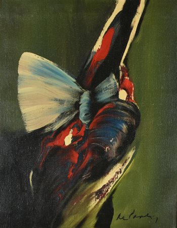 De Paolis Pietro FARFALLA SU FONDO VERDE olio su tela, cm 50x40 sul fronte:...