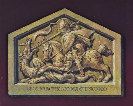 Togliatto Luigi IL CAVALIERE E IL DRAGO tecnica mista su tavola, cm 40x52...
