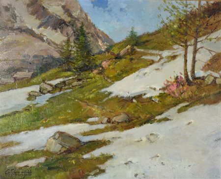 Francisetti Gilberto ULTIMA NEVE SUL SENTIERO - VAL FERRET olio su cartone,...