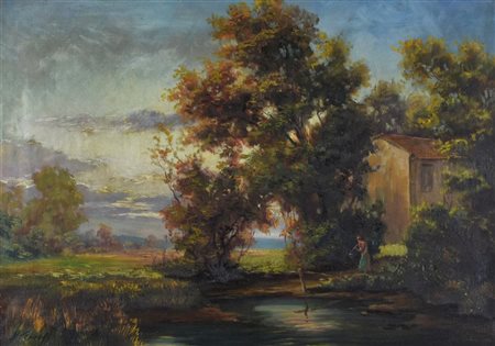 Ignoto PAESAGGIO DI CAMPAGNA olio su tela, cm 50x70 sul fronte: firma