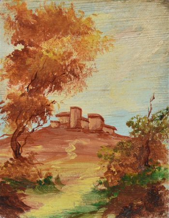 Anonimo PAESAGGI olio su cartone telato, tre di dimensioni cm 11,5x9 ciascuno...