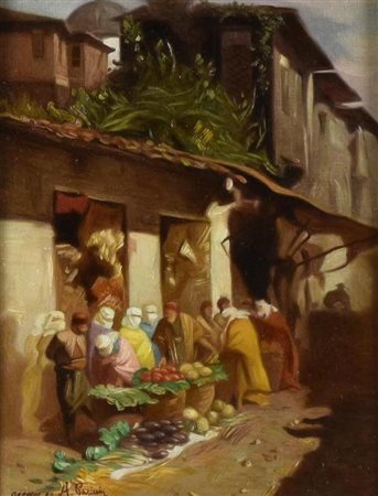 Gasparin Aleandro Giancarlo OMAGGIO A PASINI (MERCATO ARABO) olio su cartone,...