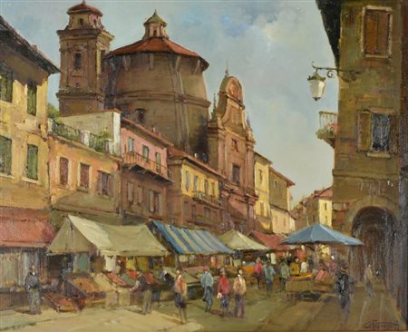 Francisetti Gilberto BANCARELLE PRESSO CHIESA DI SAN ROCCO A CARMAGNOLA olio...