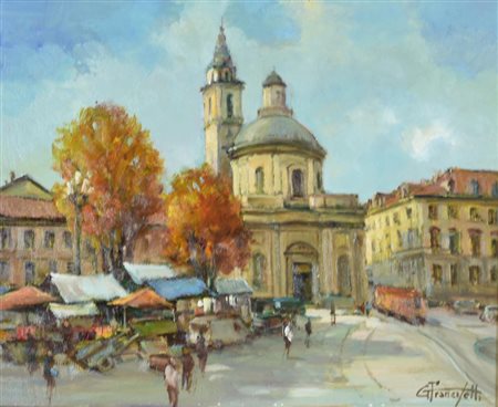 Francisetti Gilberto MERCATINO IN PIAZZA CARLINA olio su cartone, cm 34x30...
