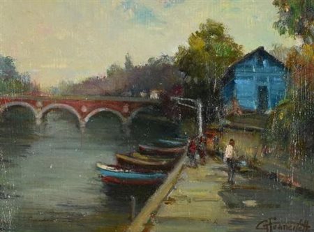 Francisetti Gilberto L'IMBARCADERO BLU SUL PO PRESSO IL PONTE ISABELLA olio...