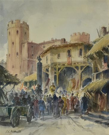 Bertello Guido FANTASIA MEDIEVALE acquarello su carta, cm 50x40 sul fronte:...