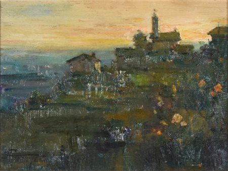 Francisetti Gilberto TRAMONTO DORATO SULLA COLLINA TORINESE olio su tavola,...