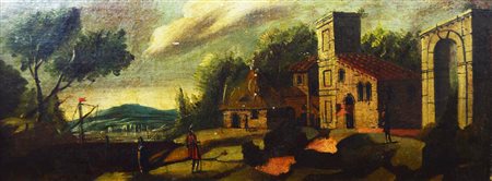 Scuola del XX secolo VEDUTA olio su tela, cm 92x37 L'opera presenta alcune...