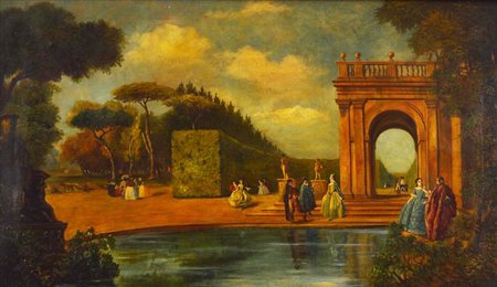 Scuola Italiana di inizi XX secolo VEDUTA olio su tela, cm 68,5x118 Lievi danni