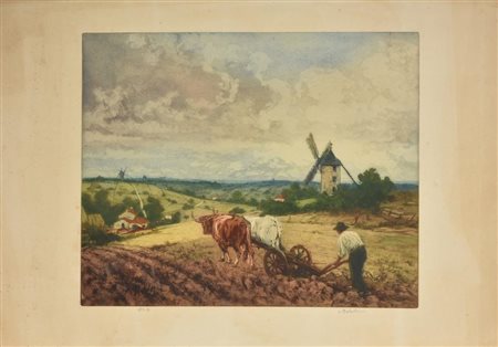 Lionello Balestrieri L’ARATURA Acquaforte e acquatinta a colori. mm 480x595....