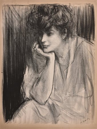 Albert Belleroche RITRATTO DI GIOVANE SIGNORA Litografia. mm 665x510. Foglio:...
