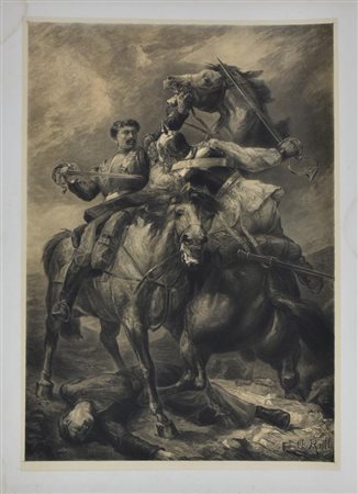 Roll Alfred Philippe Scontro di cavalieri. 1879 litografia, cm 72x55,5...