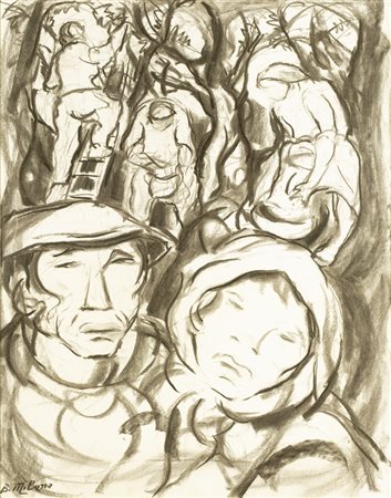 NON IDENTIFICATO AUTORE Senza titolo. Carboncino e pastelli su carta. Cm...