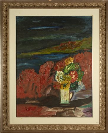NON IDENTIFICATO AUTORE Paesaggio con fiori. 1965. Olio su tela . Cm 60,00 x...