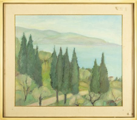 NON IDENTIFICATO AUTORE Cipressi a Gardone alto. Olio su tela . Cm 70,00 x...
