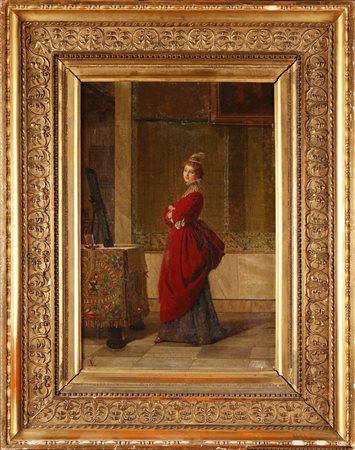 NON IDENTIFICATO AUTORE Dama in rosso. Olio su tela . Cm 32,50 x 47,00. ....