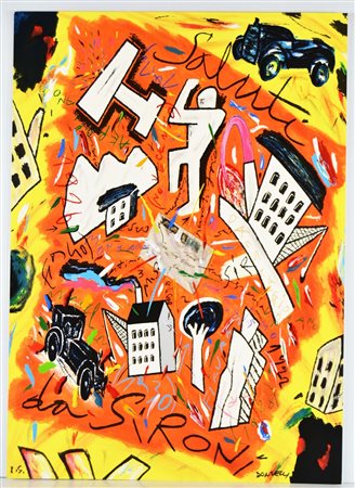 DONZELLI BRUNO (n. 1941) Saluti da Sironi. Serigrafia. Cm 70,00 x 50,00. P.S....