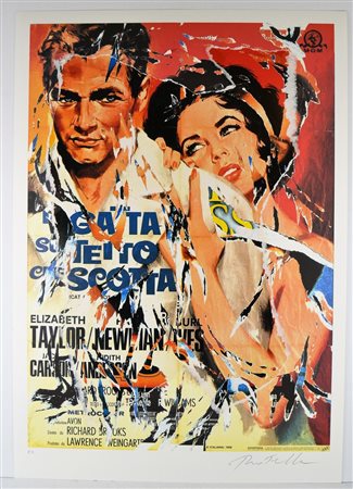 ROTELLA MIMMO (1918 - 2006) La gatta sul tetto che scotta. Litodecollage. Cm...