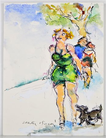 PIACESI WALTER (n. 1929) Passeggiata con cagnolino. 2015. Tecnica mista su...