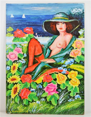 BUSINARO LEONARDO La modella nel giardino. 2006. Olio su tavoletta. Cm 48,00...