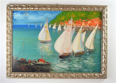 BISSACCO MARTINO (n. 1941) Regata velica a Santa Margherita Ligure. Olio su...