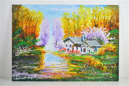 BUSINARO LEONARDO Autunno in valle. 2017. Olio su tavola. Cm 100,00 x 70,00....