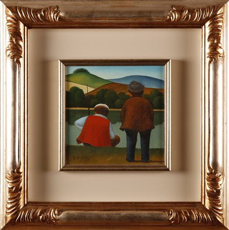 MASI ROBERTO (1940 - 2011) Pescatori. Olio su tela . Cm 20,00 x 20,00. Firma...
