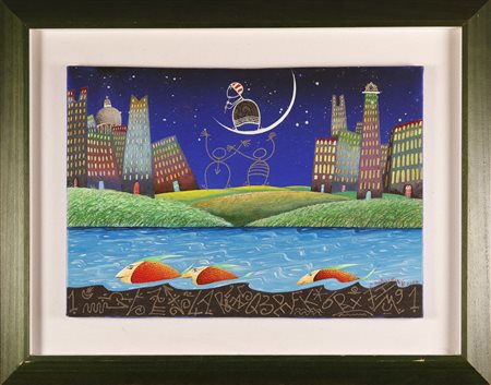 MELONISKI (n. 1943) La luna, la flautista e i pesci rossi. 2000. Polimaterica...