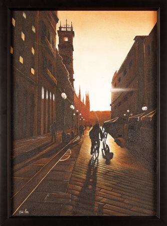 ARSCONE TOMMASO (n. 1980) Milano in bici. 2015. Olio su tela di juta. Cm...