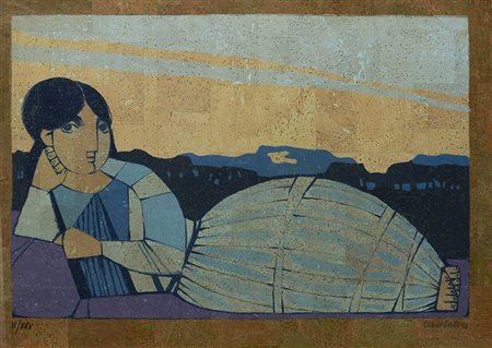 Domenico Cantatore 1906 - 1998 Odalisca Serigrafia su sughero H50 x L70 cm...