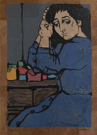 Domenico Cantatore 1906 - 1998 Figura femminile Serigrafia su sughero H70 x...