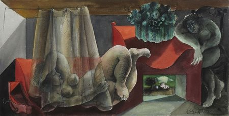 Ercole Pignatelli 1935 Figure con paesaggio Tecnica mista su carta H31 x L60...