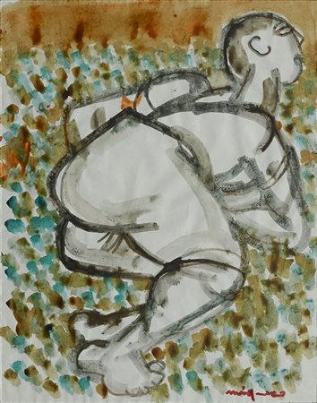 Giuseppe Migneco 1908 - 1997 Contadino Acquarello H28 x L21.5 cm (11.02 x...