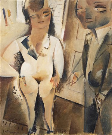 Alberto Manfredi 1930 - 2001 Modella e pittore, 1973 Olio su tela H60 x L50...