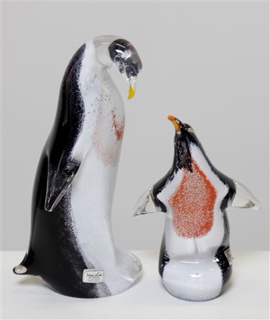 MARCOLIN ART CRYSTAL Coppia di pinguini. Vetro massello. Cm 20,00 x 9,00 x...
