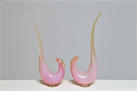 SEGUSO VETRI D'ARTE Coppia di fagiani stilizzati . Vetro. Cm 17,00 x 45,00 x...